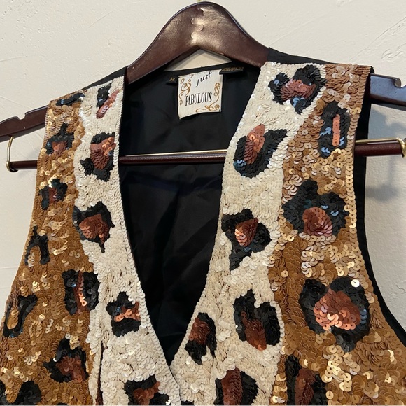 VINTAGE JUST FABULOUS SEQUIN LEOPARD ANIMAL PRINT SILK CAMP GLAM 80s VEST - Picture 8 of 16